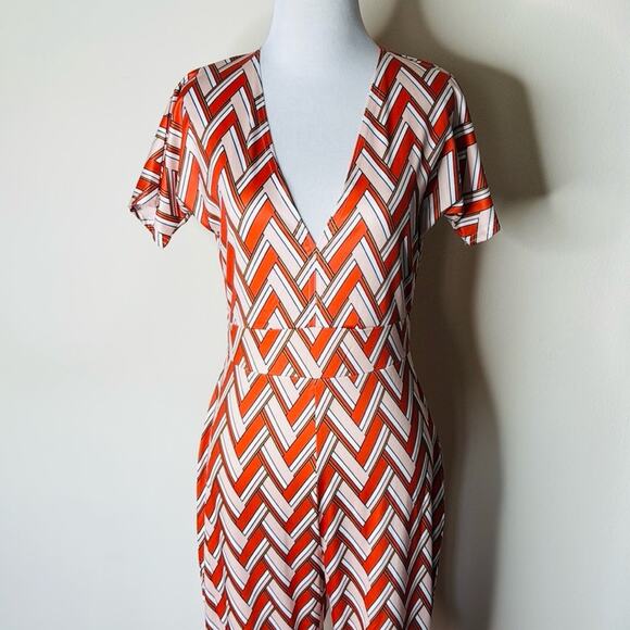 Orange and White Chevron Print 70’s Style Flare Leg Jumpsuit - Picture 3 of 10